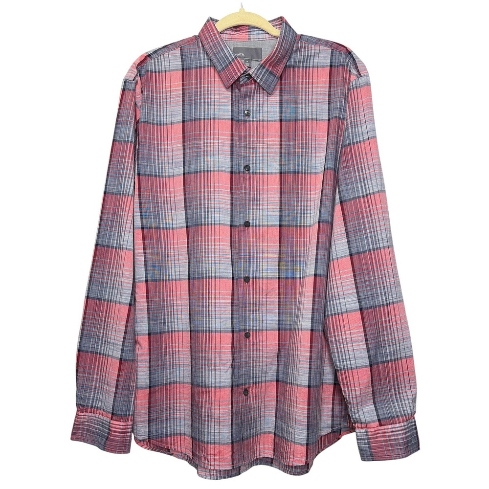 Vince Mens XL Plaid Button Down Shirt Red Blue Italian Fabric Long Sleeve Cotton